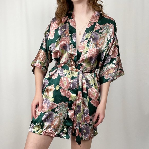 Vintage Made In The USA Silky Kimono Robe Duster Long Jacket Coat Floral Belted - Picture 4 of 7